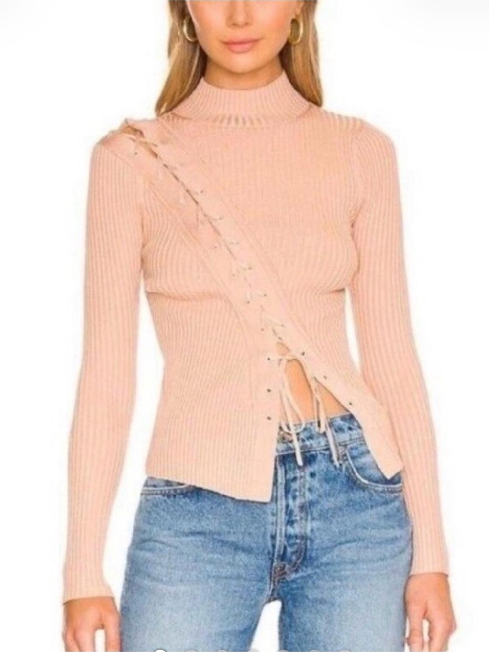 Jonathan Simkhai Ribbed Lace-Up Mock Neck Sweater NWOT